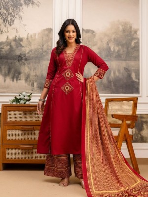 Avni Maroon Festive A-Line HandWork on Neck Cotton Kurti Plazzo Dupatta Set For Women (Set Of 3)