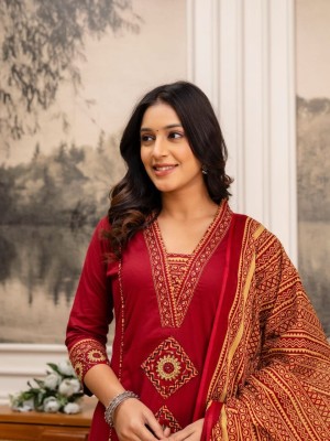 Avni Maroon Festive A-Line HandWork on Neck Cotton Kurti Plazzo Dupatta Set For Women (Set Of 3)