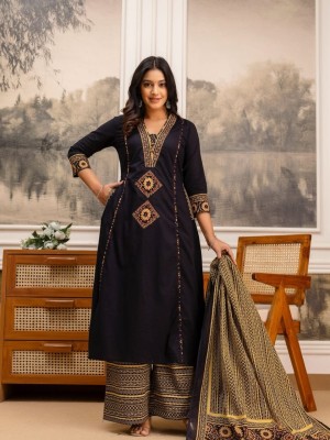 Avni Black Festive A-Line Handwork on Neck Cotton Kurti Plazzo Dupatta Set For Women (Set Of 3)