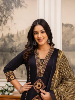 Avni Black Festive A-Line Handwork on Neck Cotton Kurti Plazzo Dupatta Set For Women (Set Of 3)