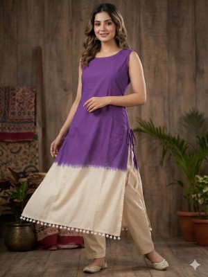 Purple Summer Relief Straight Fit Sleeveless Cotton Kurti Pant Set For Women (Set Of 2)