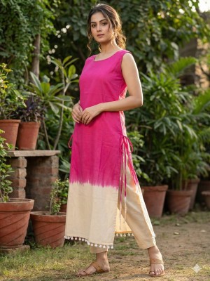 Pink Summer Relief Straight Fit Sleeveless Cotton Kurti Pant Set For Women (Set Of 2)
