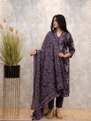 Purple Printed Straight Fit Embroidered on Neck Cotton Kurti Pant Dupatta Set For Women (Set Of 3)