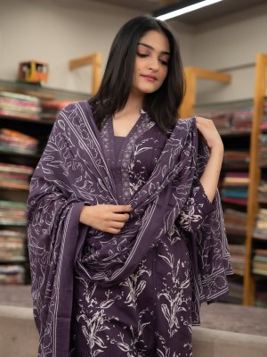 Purple Printed Straight Fit Embroidered on Neck Cotton Kurti Pant Dupatta Set For Women (Set Of 3)