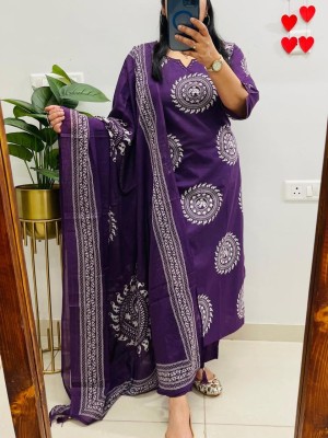 Trisha Purple Printed Straight Fit Embroidered Cotton Kurti Pant Dupatta Set For Women (Set Of 3)