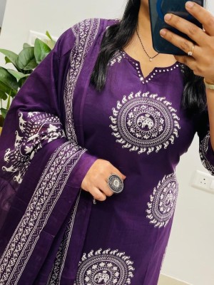Trisha Purple Printed Straight Fit Embroidered Cotton Kurti Pant Dupatta Set For Women (Set Of 3)