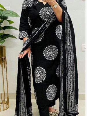 Trisha Black Printed Straight Fit Embroidered Cotton Kurti Pant Dupatta Set For Women (Set Of 3)
