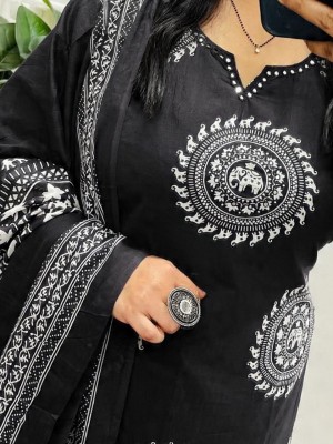 Trisha Black Printed Straight Fit Embroidered Cotton Kurti Pant Dupatta Set For Women (Set Of 3)