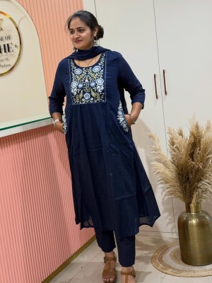 Yalina Blue Embroidered A-Line Cotton Kurti Pant Dupatta Set For Women (Set Of 3)