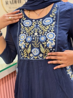 Yalina Blue Embroidered A-Line Cotton Kurti Pant Dupatta Set For Women (Set Of 3)