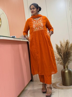 Yalina Orange Embroidered A-Line Cotton Kurti Pant Dupatta Set For Women (Set Of 3)