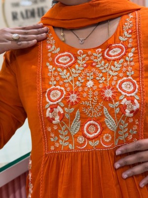 Yalina Orange Embroidered A-Line Cotton Kurti Pant Dupatta Set For Women (Set Of 3)