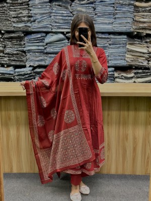 Iqra Red Elegant Anarkali Katha Work Cotton Kurti Pant Dupatta Set For Women (Set Of 3)