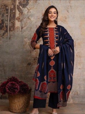 Blue Traditional Mirror Work On Yoke Cotton Kurti Pant Dupatta Set For Women