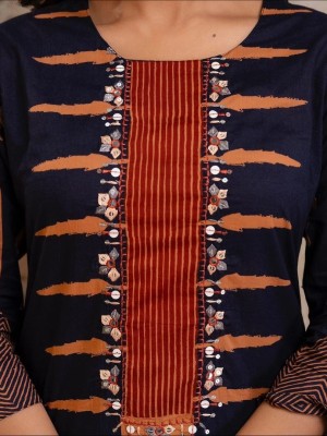 Blue Traditional Mirror Work On Yoke Cotton Kurti Pant Dupatta Set For Women