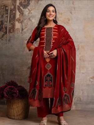 Maroon Traditional Foil Mirror Work On Yoke Cotton Kurti Pant Dupatta Set For Women