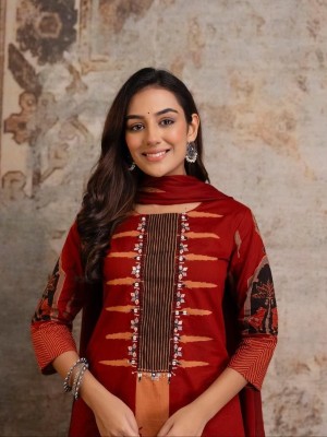 Maroon Traditional Foil Mirror Work On Yoke Cotton Kurti Pant Dupatta Set For Women