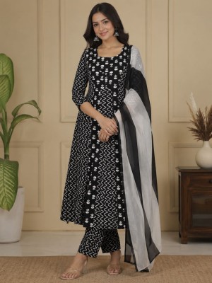 Nayra Black Jaipuri Printed Black Anarkali Gown with Dupatta Set Salwar Kameez