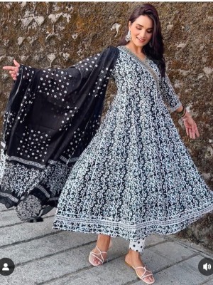 Padma Black Jaipuri Printed Black Pure Cotton Anarkali Gown with Dupatta Set Salwar Kameez