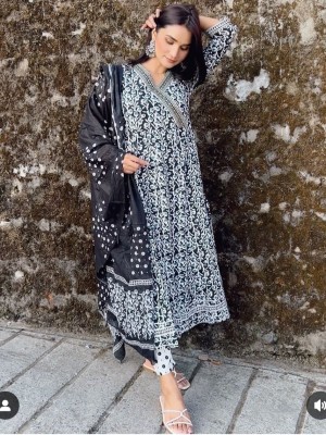 Padma Black Jaipuri Printed Black Pure Cotton Anarkali Gown with Dupatta Set Salwar Kameez