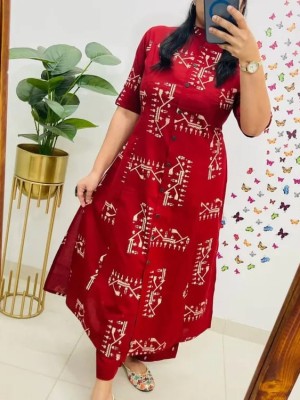 Red Printed A-Line Cotton Kurti Pant Co Ord Set Salwar Kameez For Women - Set Of 2