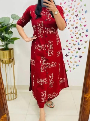 Red Printed A-Line Cotton Kurti Pant Co Ord Set Salwar Kameez For Women - Set Of 2