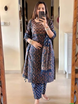 Blue Printed Straight Fit Embroidered Cotton Kurti Pant Dupatta Set For Women - Set Of 3