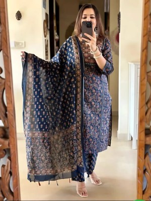 Blue Printed Straight Fit Embroidered Cotton Kurti Pant Dupatta Set For Women - Set Of 3