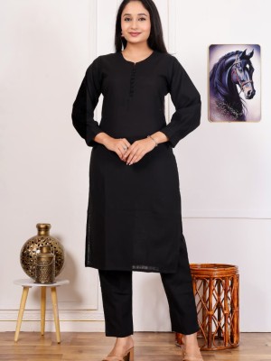 Mariam Solid Black Eid Celebration Straight Fit Slub Cotton Kurti Pant Salwar Kameez Set For Women