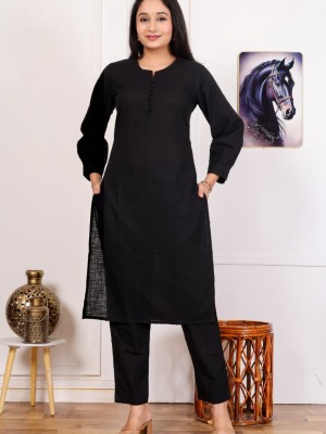 Mariam Solid Black Eid Celebration Straight Fit Slub Cotton Kurti Pant Salwar Kameez Set For Women