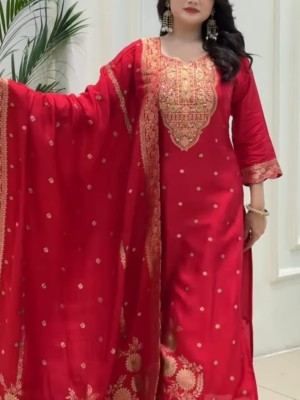 Kavya Traditional Handwork Zari Wiving Banarasi Kurti Pant with Dupatta Salwar Suit - Set Of 3