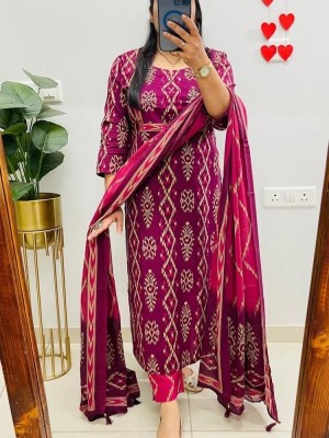 Purple Ikkat Print Mirror Work On Yoke Straight Fit Cotton Kurti Pant Dupatta Set For Women (Set Of 3)