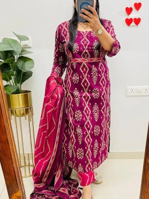 Purple Ikkat Print Mirror Work On Yoke Straight Fit Cotton Kurti Pant Dupatta Set For Women (Set Of 3)