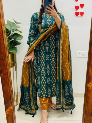 Blue Ikkat Print Mirror Work On Yoke Straight Fit Cotton Kurti Pant Dupatta Set For Women (Set Of 3)