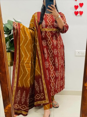 Red Ikkat Print Mirror Work On Yoke Straight Fit Cotton Kurti Pant Dupatta Set For Women (Set Of 3)
