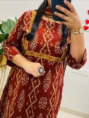 Red Ikkat Print Mirror Work On Yoke Straight Fit Cotton Kurti Pant Dupatta Set For Women (Set Of 3)