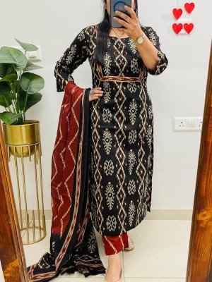 Black Ikkat Print Mirror Work On Yoke Straight Fit Cotton Kurti Pant Dupatta Set For Women (Set Of 3)