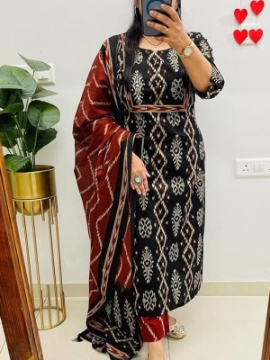 Black Ikkat Print Mirror Work On Yoke Straight Fit Cotton Kurti Pant Dupatta Set For Women (Set Of 3)