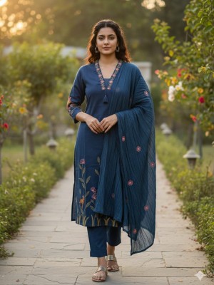 Anaya Blue Embroidered Straight Fit Cotton Kurti Pant Dupatta Set For Women (Set Of 3)