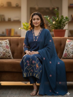 Anaya Blue Embroidered Straight Fit Cotton Kurti Pant Dupatta Set For Women (Set Of 3)