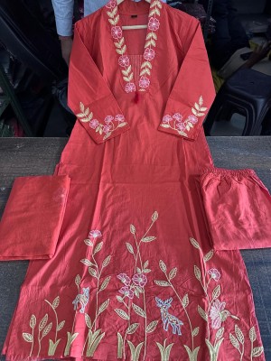 Anaya Red Embroidered Straight Fit Cotton Kurti Pant Dupatta Set For Women (Set Of 3)