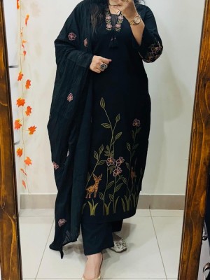 Anaya Black Embroidered Straight Fit Cotton Kurti Pant Dupatta Set For Women (Set Of 3)