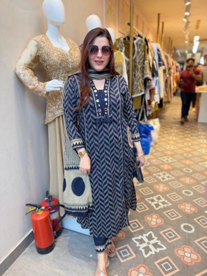 Tanya Stylish Blue Zigzag Pattern Embroidery On Yoke Cotton Kurti Pant Dupatta Set For Women