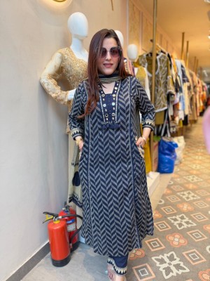 Tanya Stylish Blue Zigzag Pattern Embroidery On Yoke Cotton Kurti Pant Dupatta Set For Women