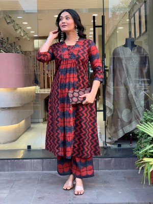 Kamya Anarkali Style Flared Handwork Cotton Kurti Plazzo Set For Women (Set Of 2)