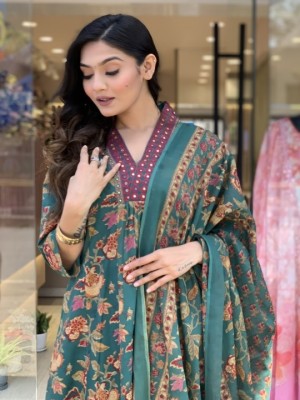 Green Anarkali Frock Style V Neck Indian Pakistani Salwar Kameez Kurti Pant Dupatta Set
