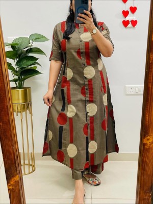 Green Polka Dot Printed Indian A-Line Cotton Salwar Kameez Kurti Pant Co Ord Set for Women
