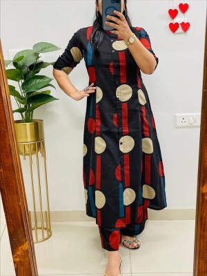 Black Polka Dot Printed Indian A-Line Cotton Salwar Kameez Kurti Pant Co Ord Set for Women