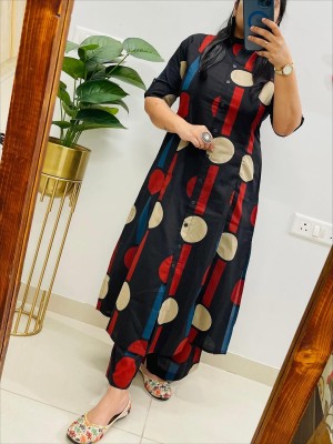 Black Polka Dot Printed Indian A-Line Cotton Salwar Kameez Kurti Pant Co Ord Set for Women