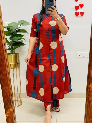 Red Polka Dot Printed Indian A-Line Cotton Salwar Kameez Kurti Pant Co Ord Set for Women